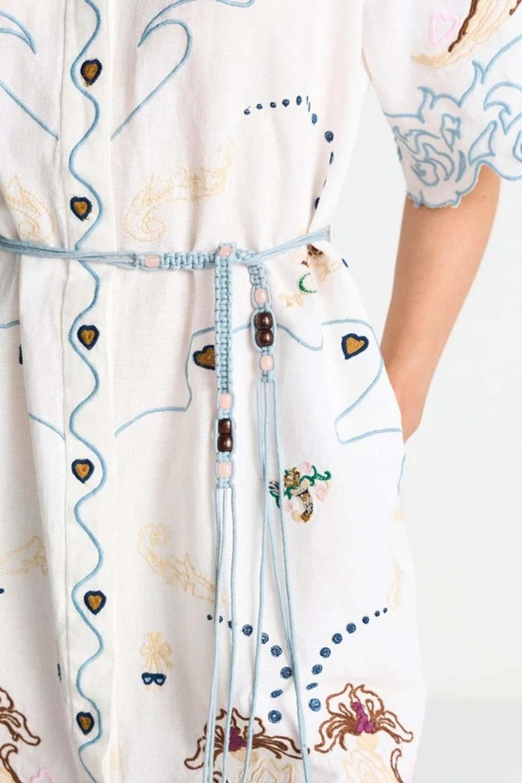 Linen Mix Embroidery Mini Dress in Pearl White