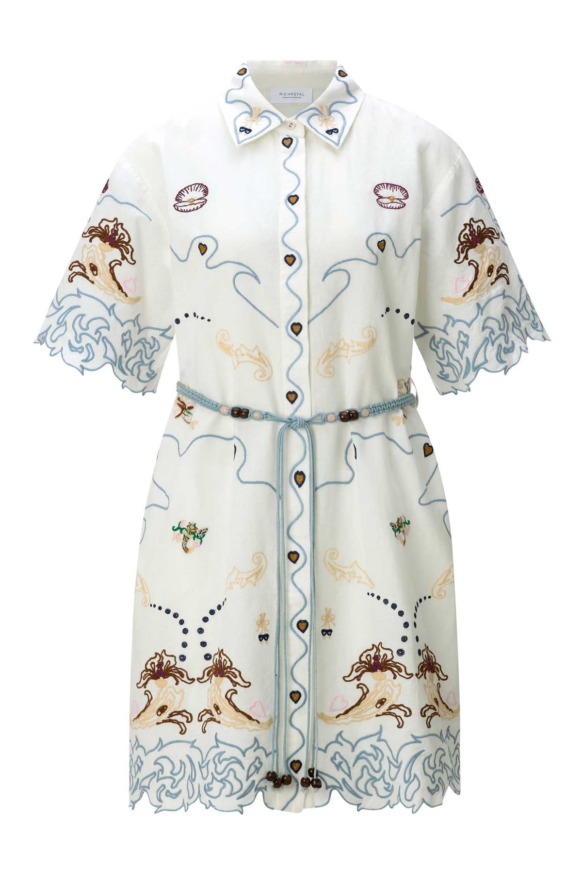 Linen Mix Embroidery Mini Dress in Pearl White