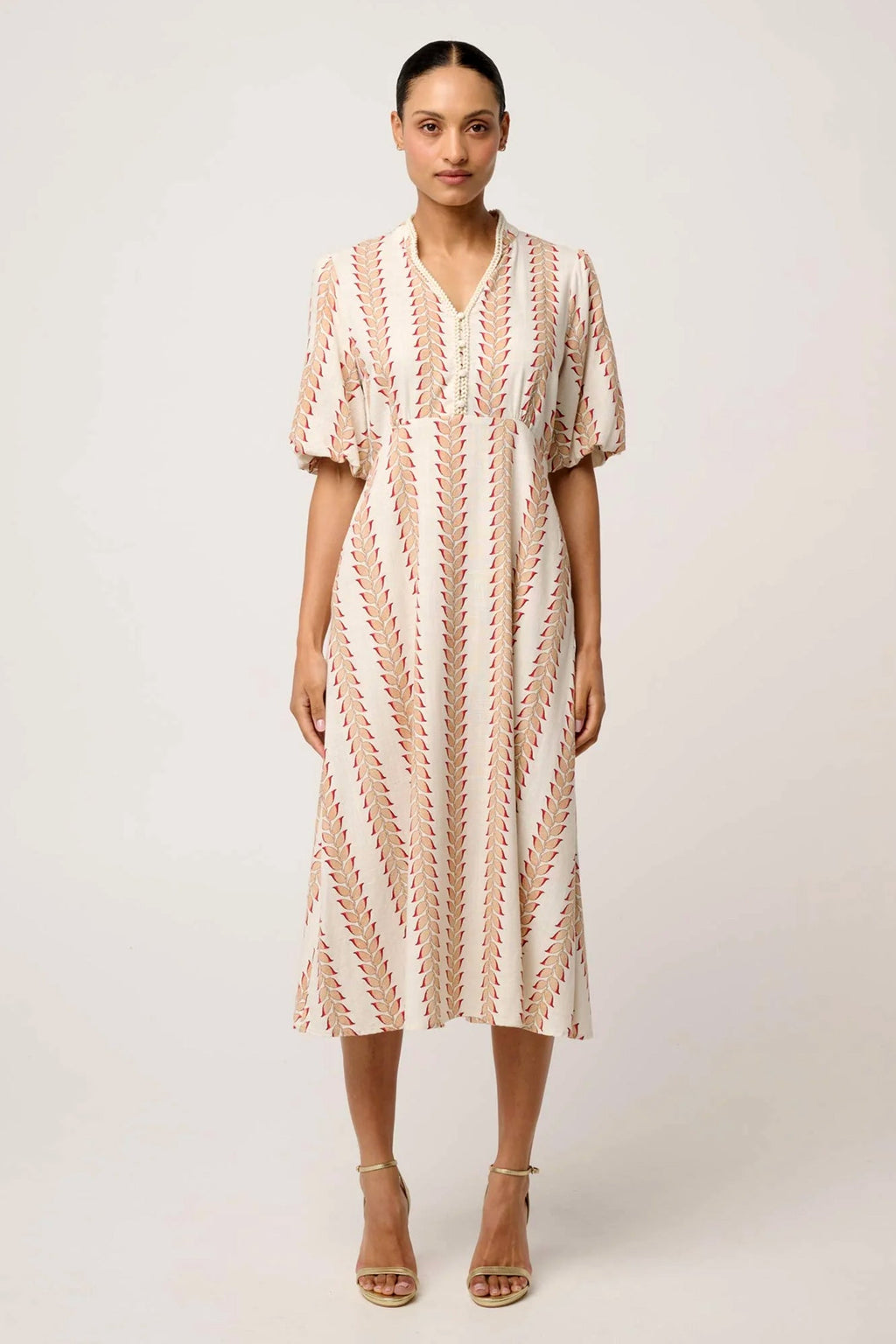 Marcelle Braided Trim Dress in Gilded Frond
