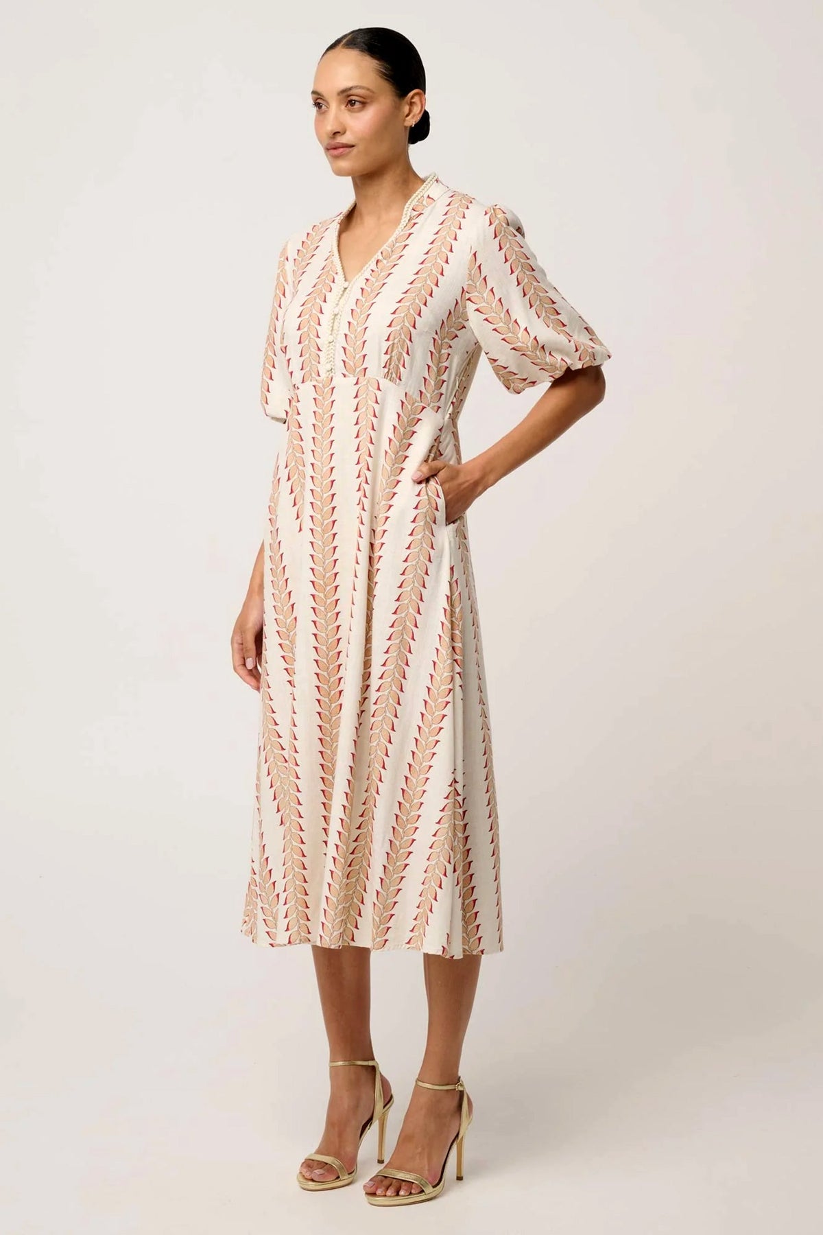 Marcelle Braided Trim Dress in Gilded Frond