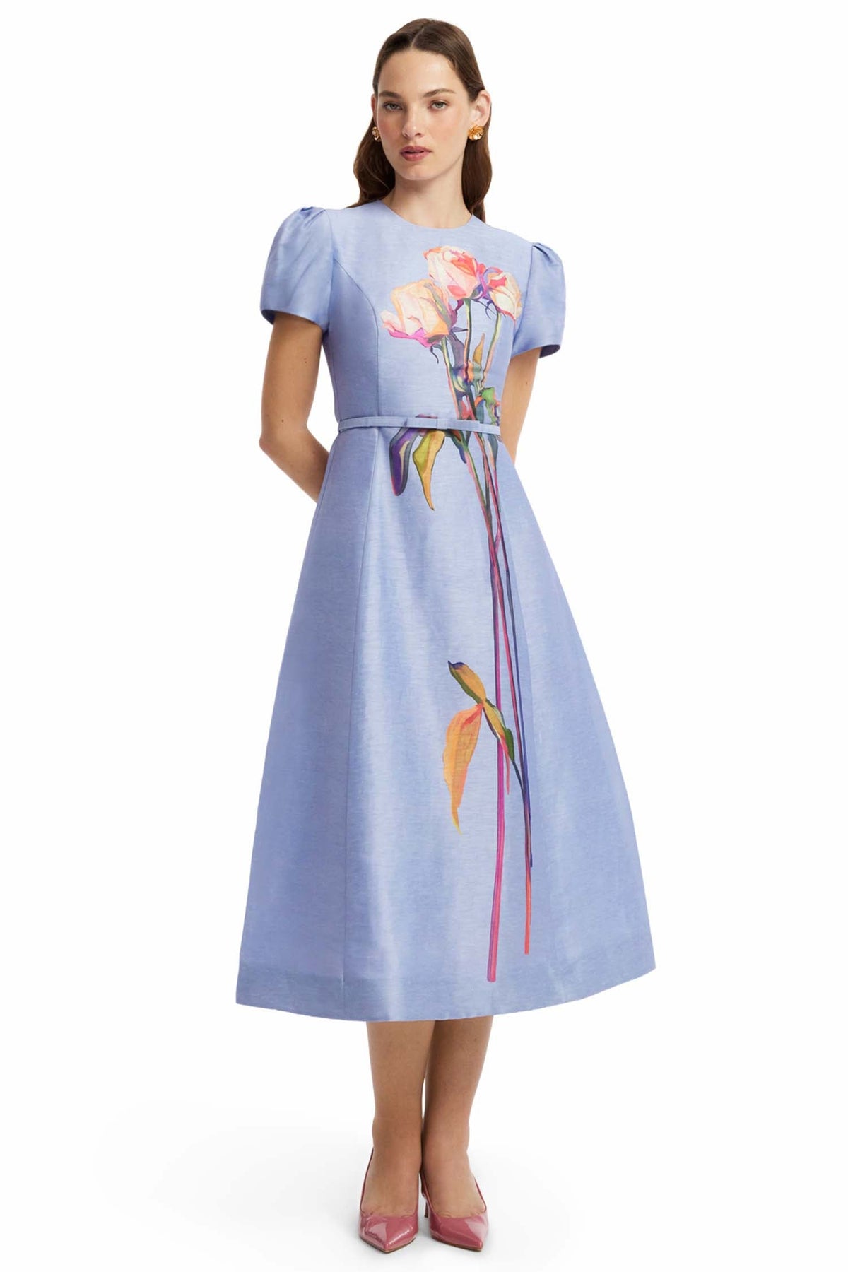 Marguerite Short Sleeve Midi Dress in Rose Periwinkle