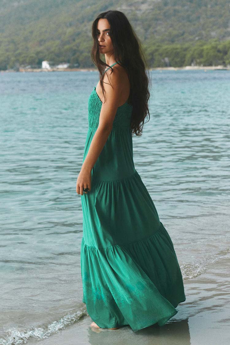 Maxi Dress w Smock Detail in Scuba Green | FINAL SALE