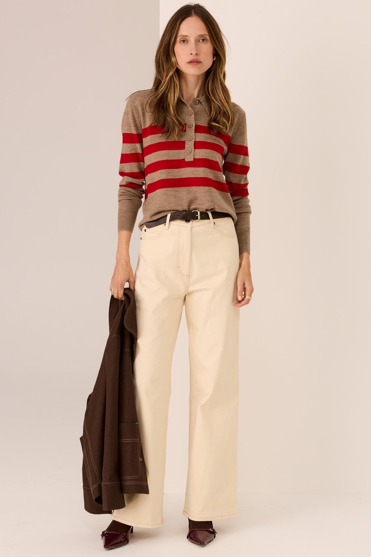 Meira Stripe Polo Knit in Cedar/Red