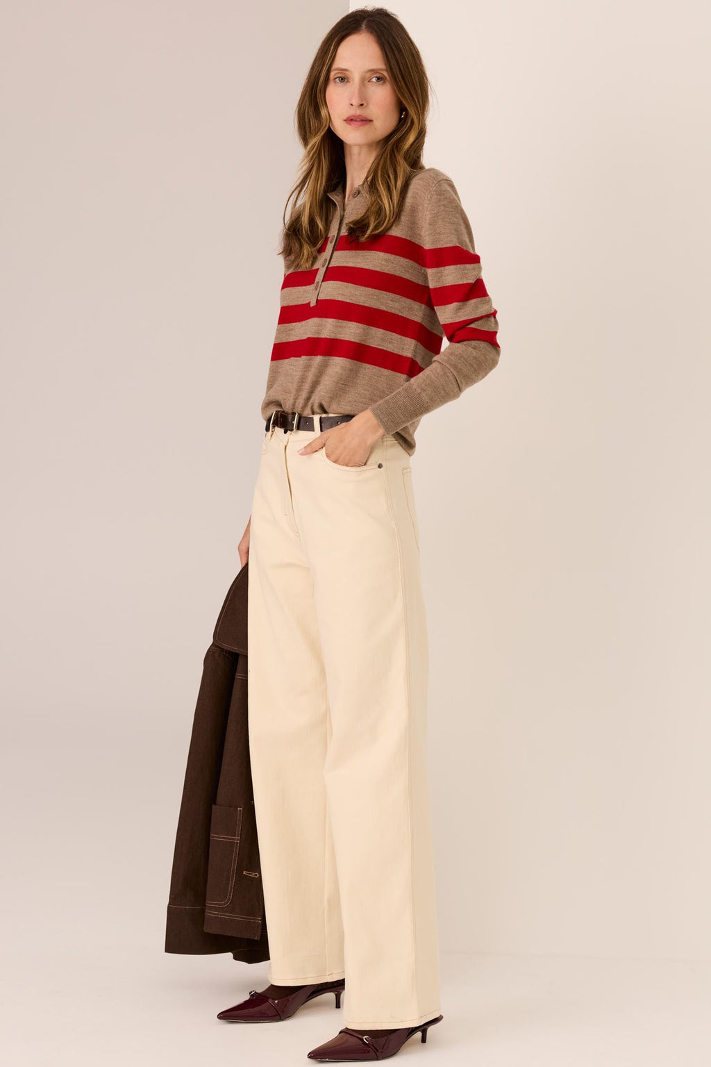 Meira Stripe Polo Knit in Cedar/Red