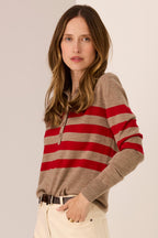 Meira Stripe Polo Knit in Cedar/Red