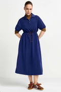Midi Dress with Drawstring Waist in Midnight Blue