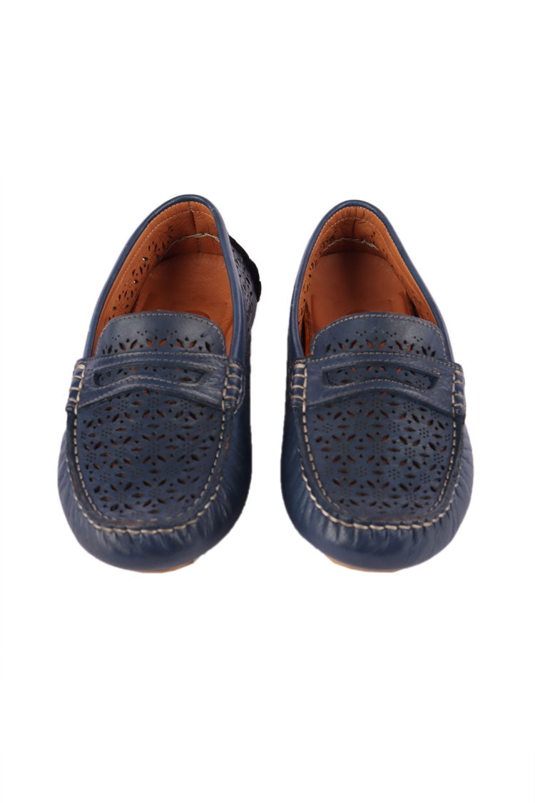 Mimi Laser-cut Leather Loafers in Navy | FINAL SALE