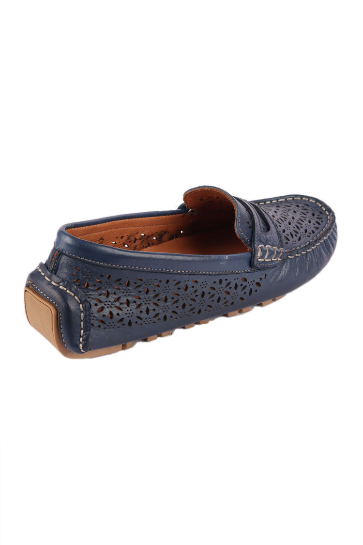 Mimi Laser-cut Leather Loafers in Navy | FINAL SALE
