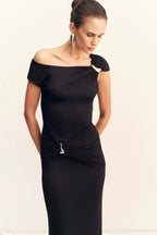Miro Asymmetrical Gathered Maxi Dress in Black