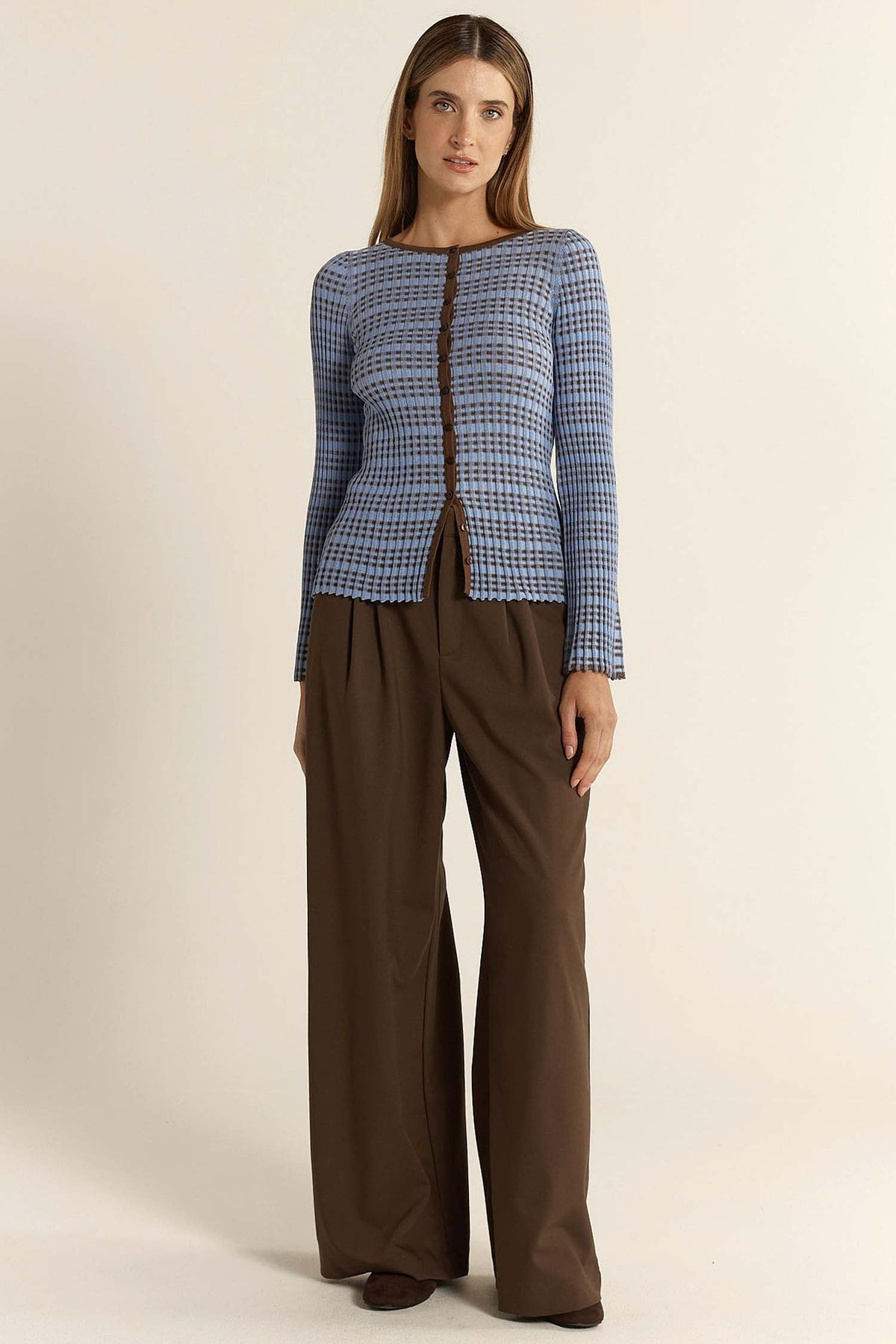 Nesta Check Knit Top in Blue/Chocolate