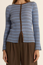 Nesta Check Knit Top in Blue/Chocolate