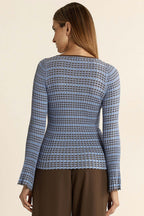 Nesta Check Knit Top in Blue/Chocolate