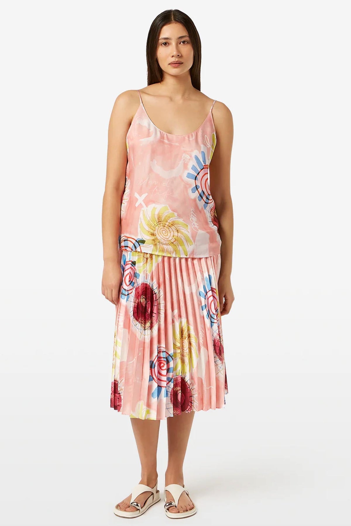 Printed Pleated High Rise Midi Skirt in Abstract Sun Pink | FINAL SALE