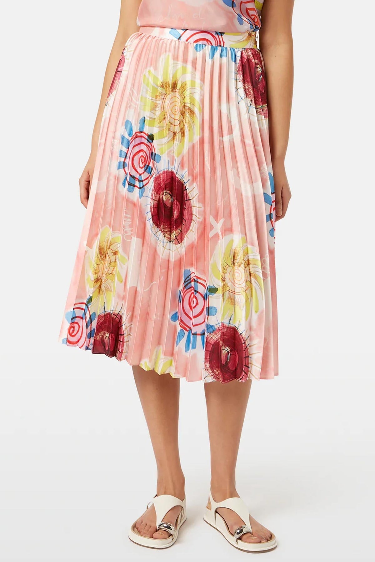 Printed Pleated High Rise Midi Skirt in Abstract Sun Pink | FINAL SALE