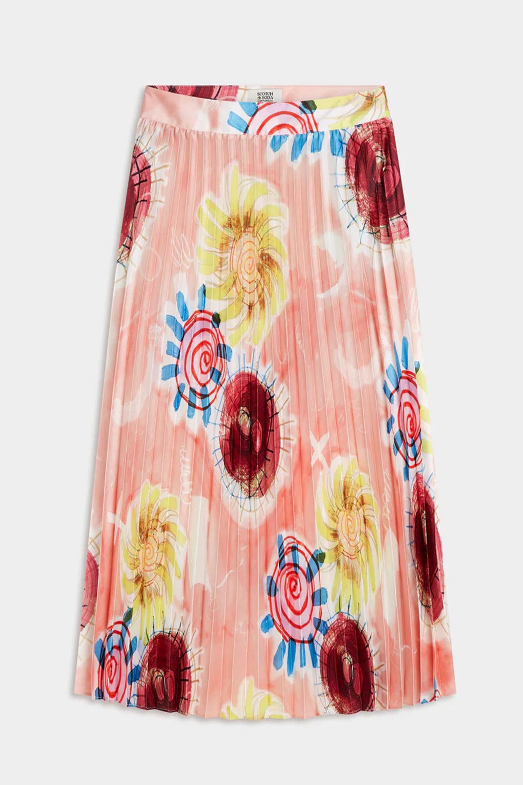 Printed Pleated High Rise Midi Skirt in Abstract Sun Pink | FINAL SALE