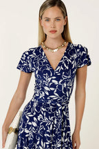 Reverse Wrap Midi Dress in Navy White Floral