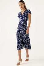 Reverse Wrap Midi Dress in Navy White Floral