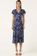 Reverse Wrap Midi Dress in Navy White Floral