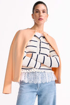 Round Neck Cardigan w Looped Fringes in Pearl