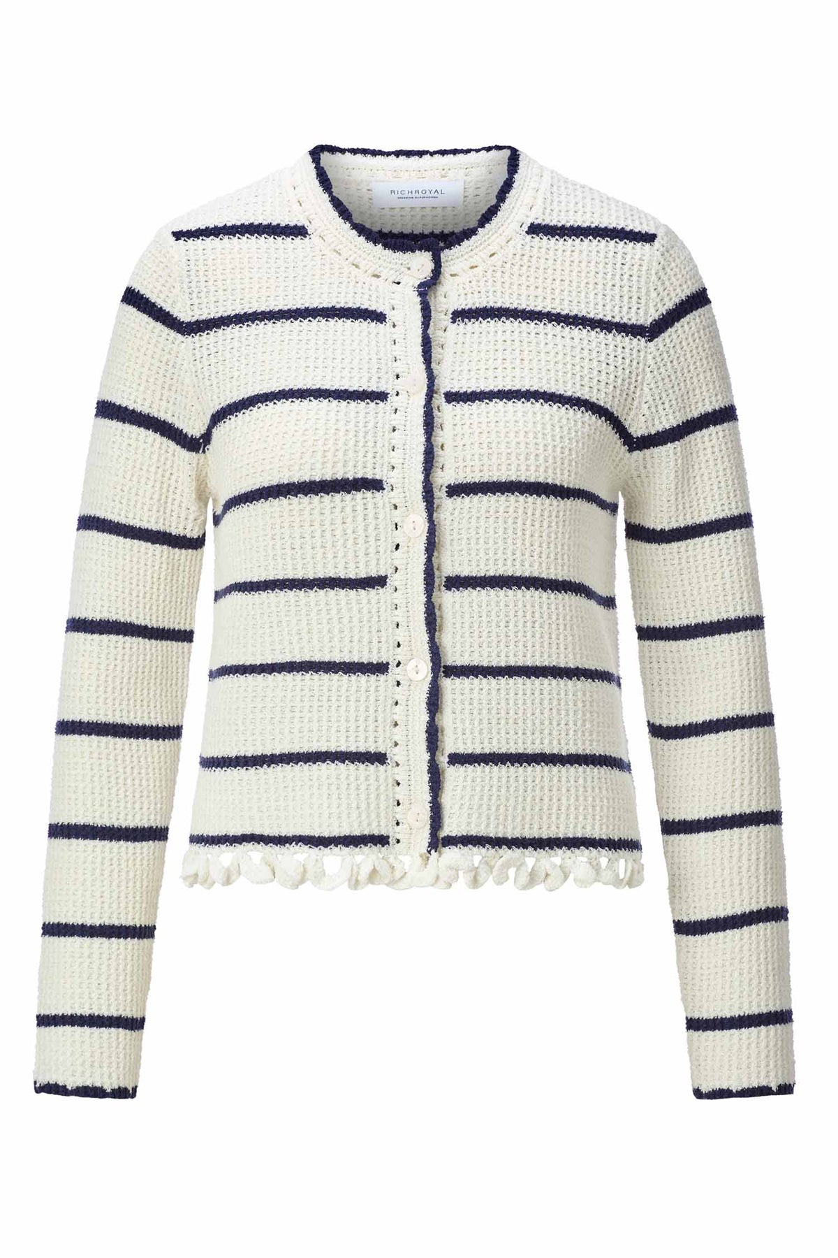 Round Neck Cardigan w Looped Fringes in Pearl