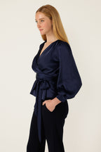 Satin Faux Wrap Top in Navy