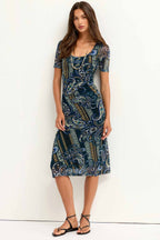 Scoop Neck Ruched Front Mesh Midi Dress in Montecito
