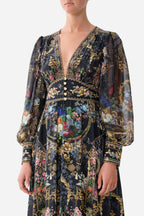 Shaped Waistband Dress with Gathered Sleeves in Night Garden