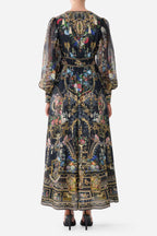 Shaped Waistband Dress with Gathered Sleeves in Night Garden