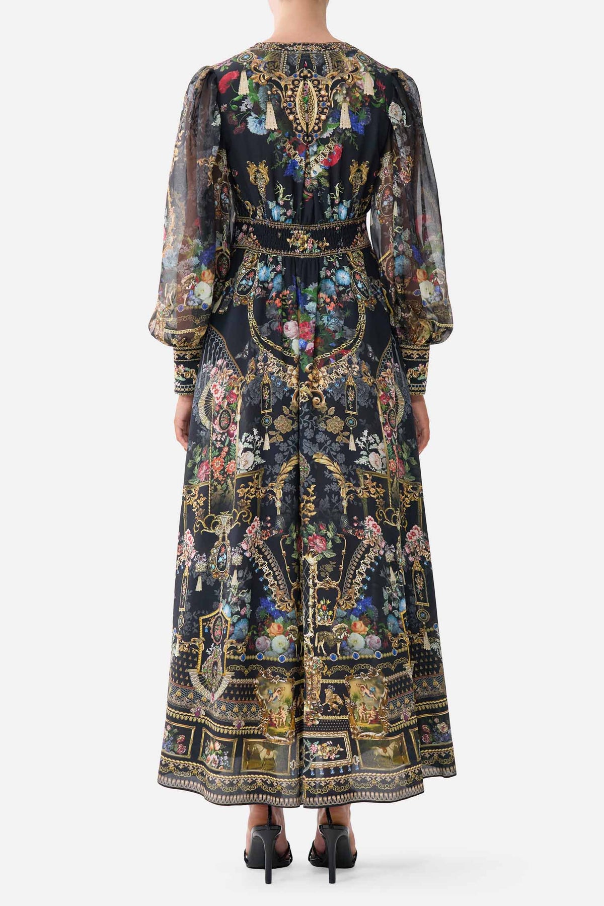 Shaped Waistband Dress with Gathered Sleeves in Night Garden