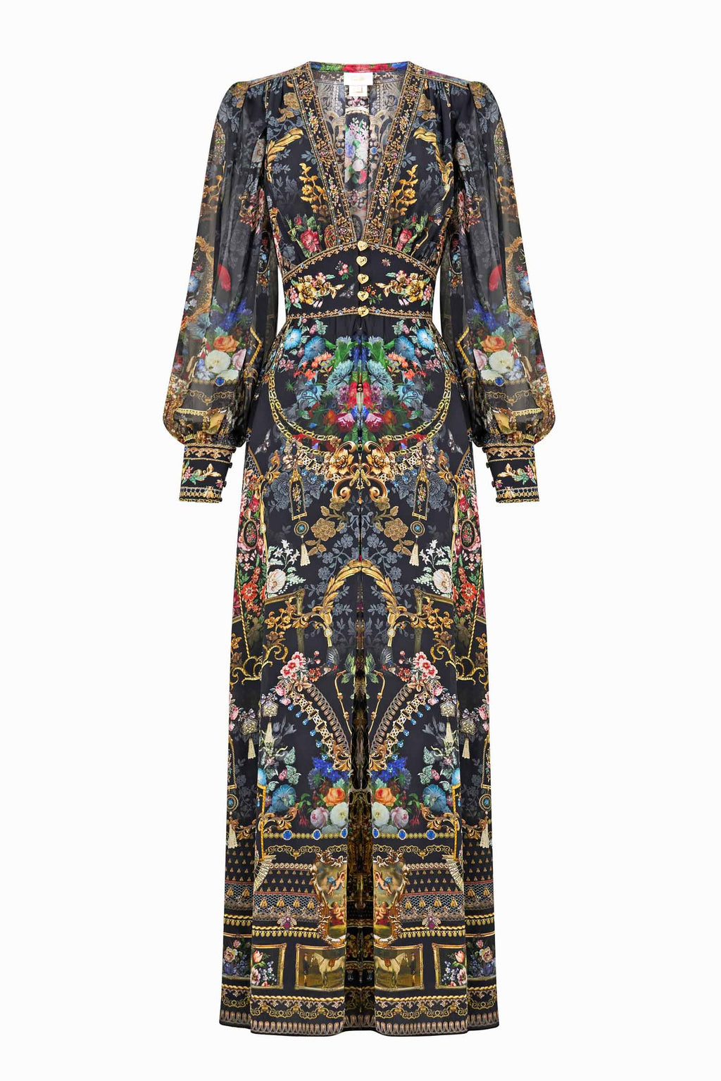 Shaped Waistband Dress with Gathered Sleeves in Night Garden