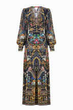 Shaped Waistband Dress with Gathered Sleeves in Night Garden