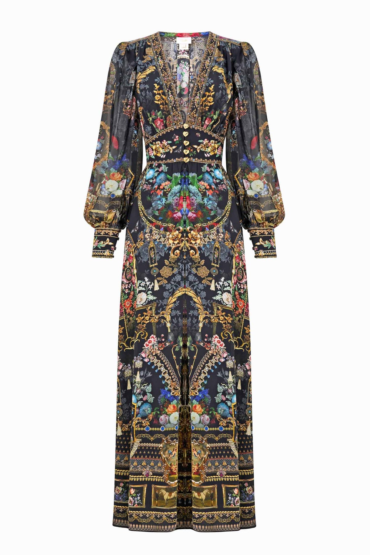 Shaped Waistband Dress with Gathered Sleeves in Night Garden