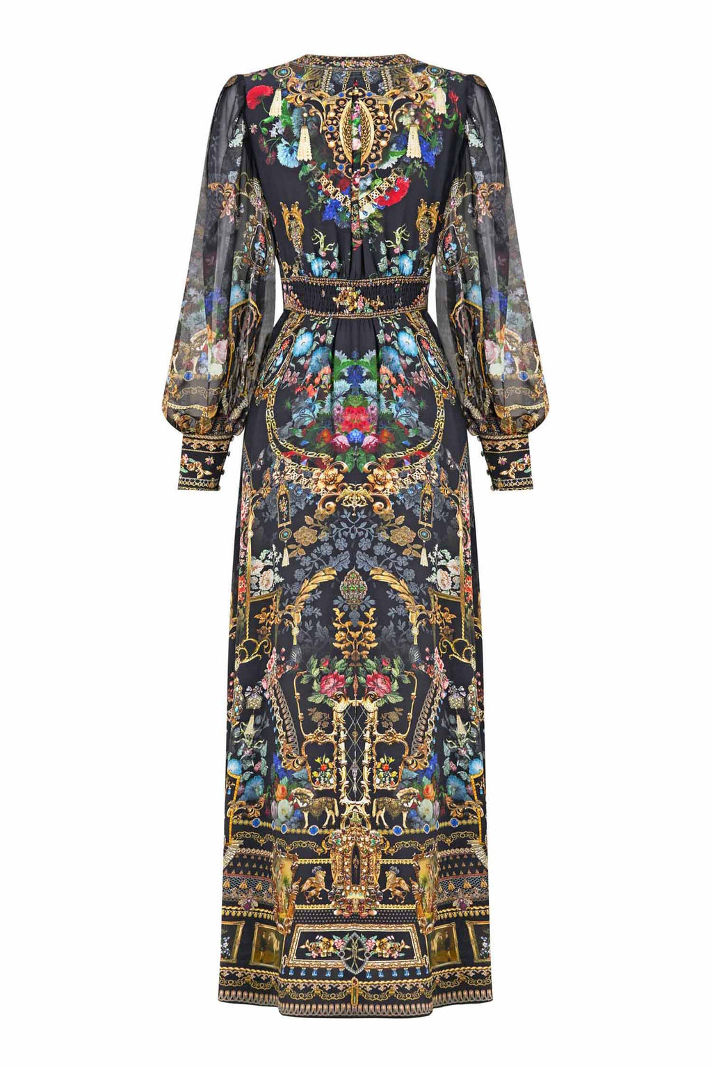 Shaped Waistband Dress with Gathered Sleeves in Night Garden