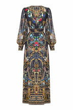Shaped Waistband Dress with Gathered Sleeves in Night Garden