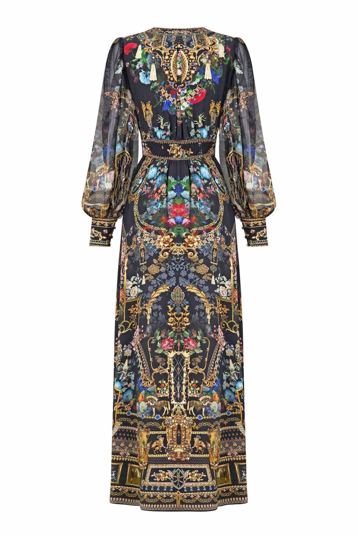 Shaped Waistband Dress with Gathered Sleeves in Night Garden