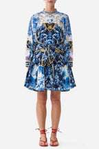 Short Tiered Shirtdress with Wide Waist Tie in Sweet Sacre Bleu