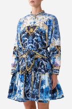 Short Tiered Shirtdress with Wide Waist Tie in Sweet Sacre Bleu