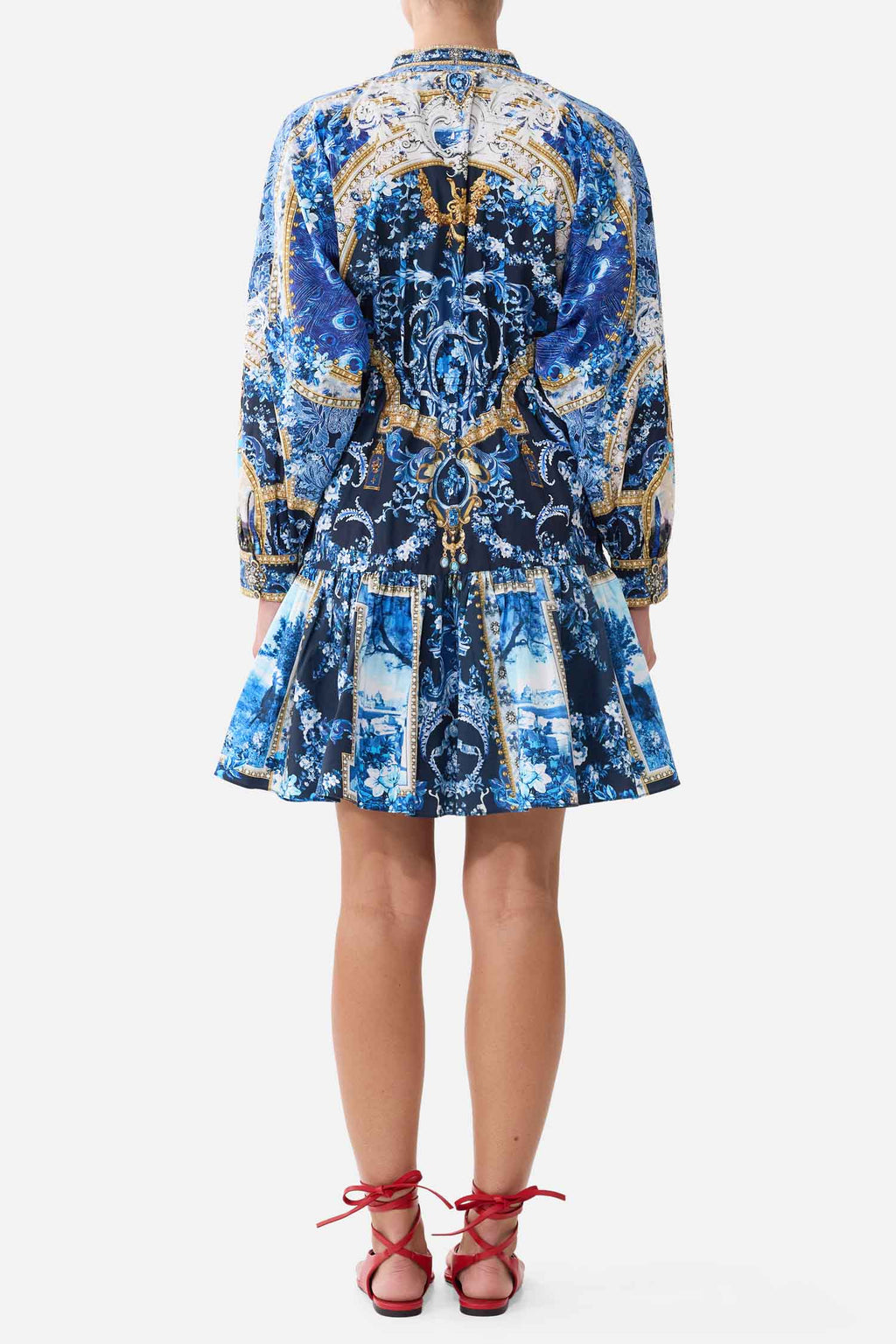 Short Tiered Shirtdress with Wide Waist Tie in Sweet Sacre Bleu