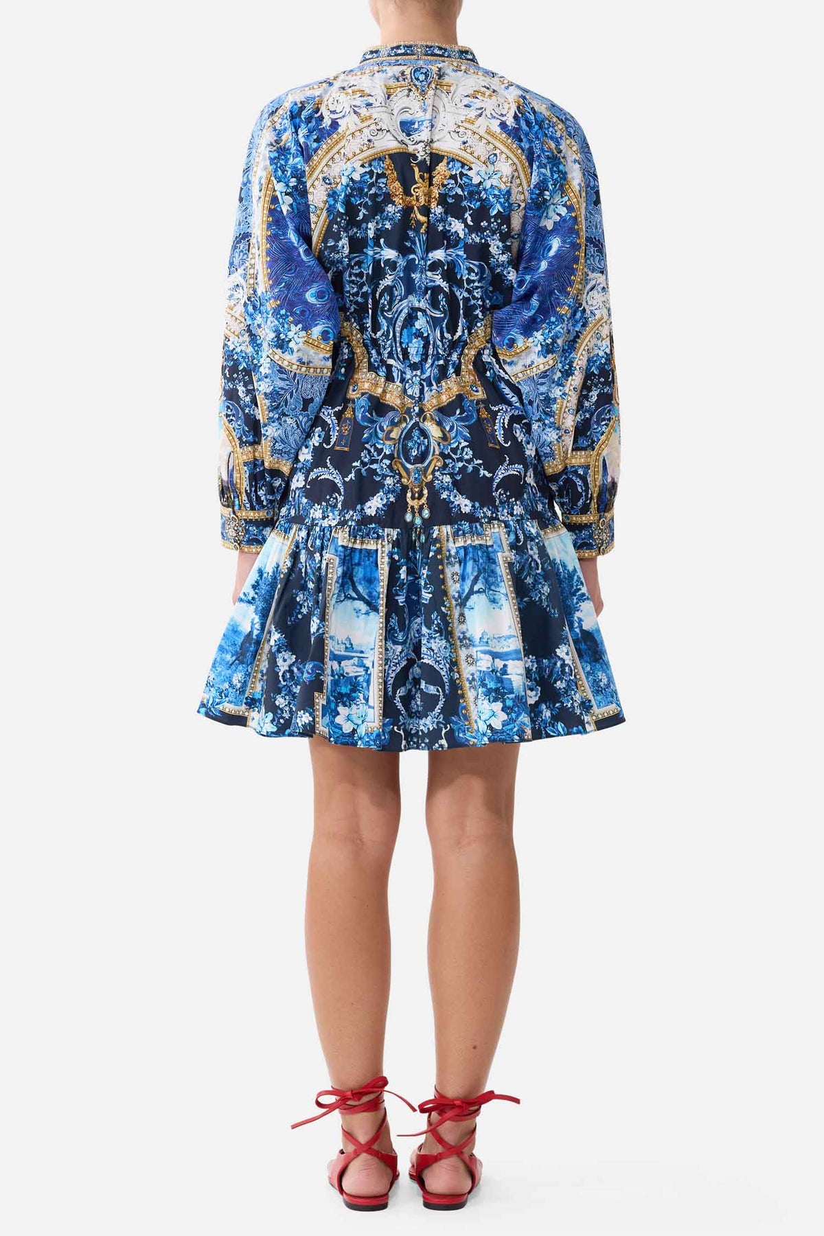 Short Tiered Shirtdress with Wide Waist Tie in Sweet Sacre Bleu
