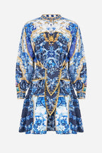 Short Tiered Shirtdress with Wide Waist Tie in Sweet Sacre Bleu