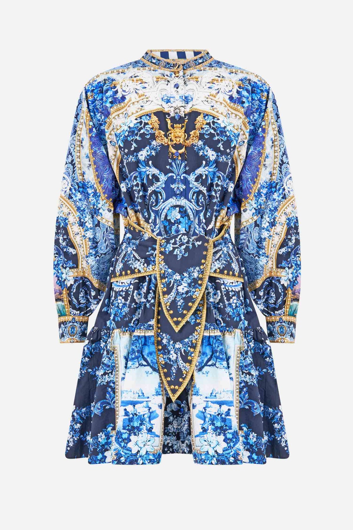 Short Tiered Shirtdress with Wide Waist Tie in Sweet Sacre Bleu