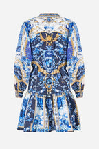 Short Tiered Shirtdress with Wide Waist Tie in Sweet Sacre Bleu
