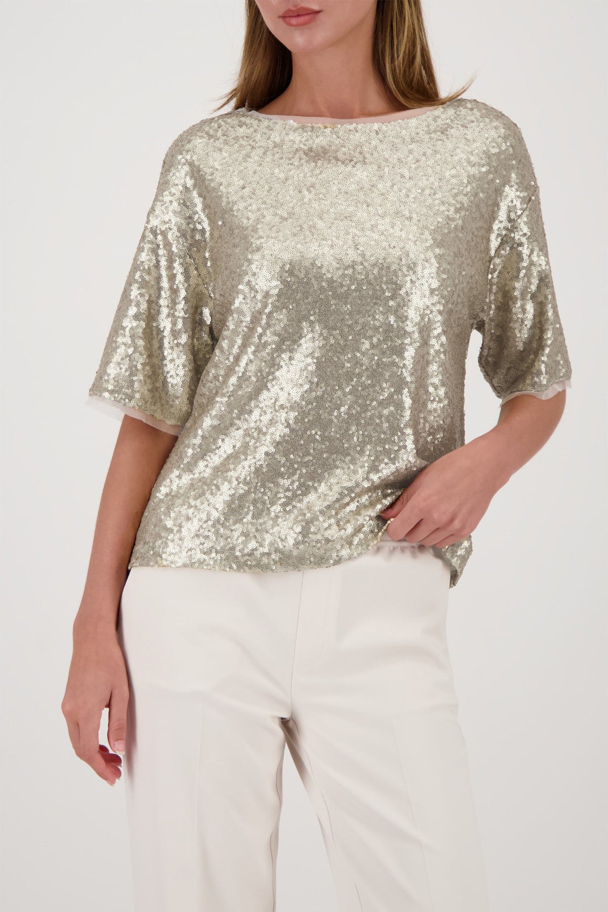 Allover Sequin T-Shirt in Almond