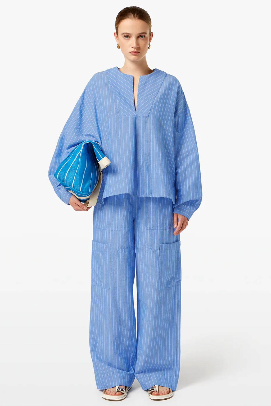 Striped Blouse in Blue White Pin Stripe | FINAL SALE