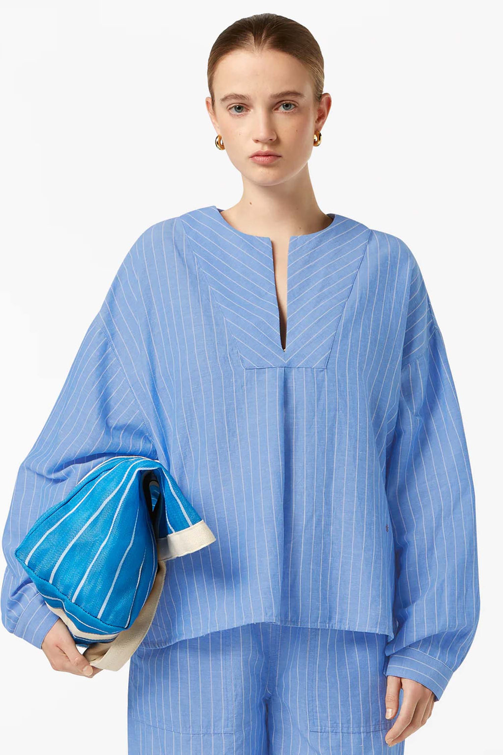 Striped Blouse in Blue White Pin Stripe | FINAL SALE