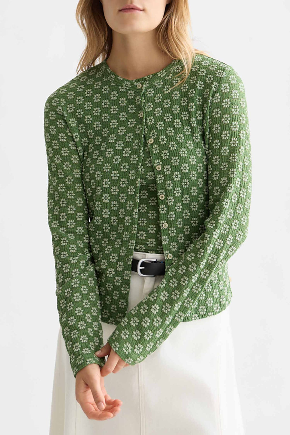 Structured Button L/S T-Shirt in Garden Green