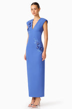 Talitha Plunging Neck Column Dress in Cornflower Blue