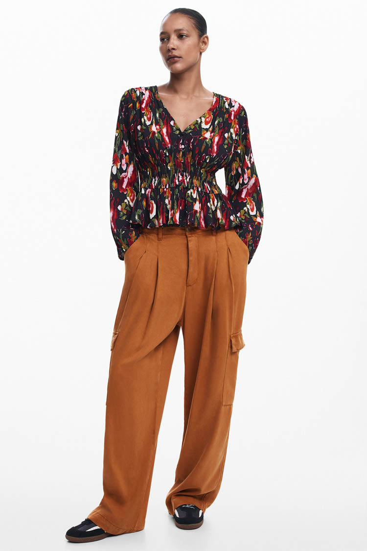 V-Neck Floral Blouse with Shirred Waist | FINAL SALE