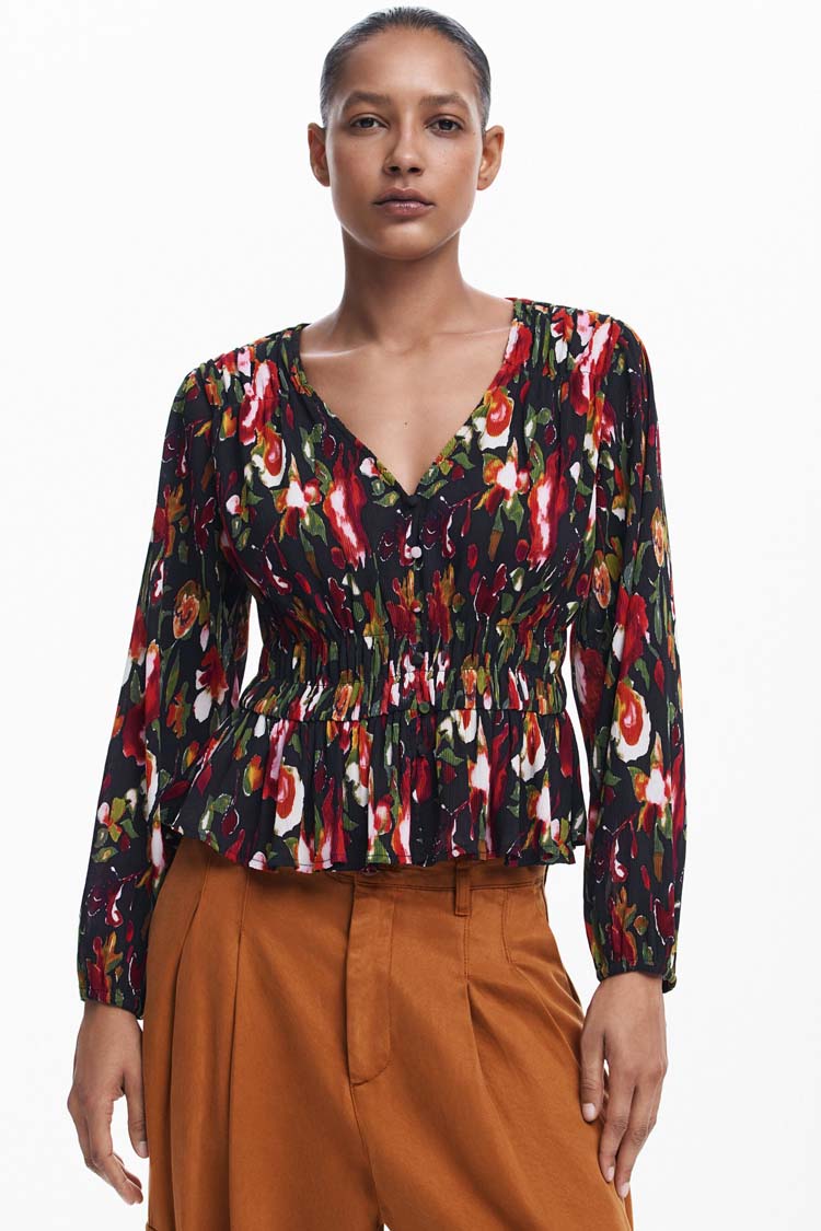 V-Neck Floral Blouse with Shirred Waist | FINAL SALE