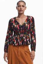 V-Neck Floral Blouse with Shirred Waist | FINAL SALE